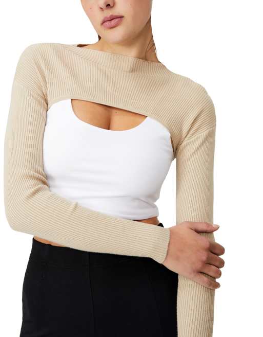Cotton:On rib crop long sleeve tee in taupe, 3 of 4