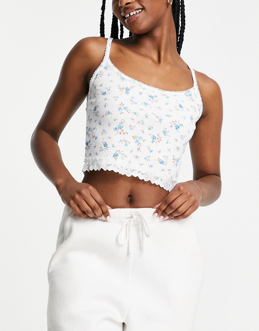 Cotton: On rib lace hem cami pajama top in white floral