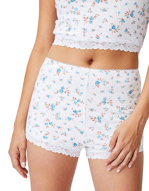 Cotton:On rib lace hem pyjama shorts in white floral