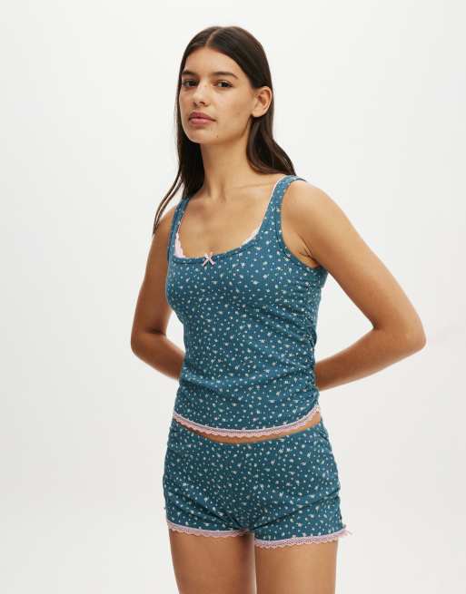 Cotton:On Rib lace ruched tank in blue