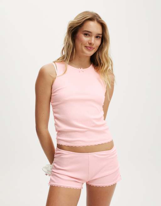 Cotton:On Rib lace ruched tank in tender touch pink