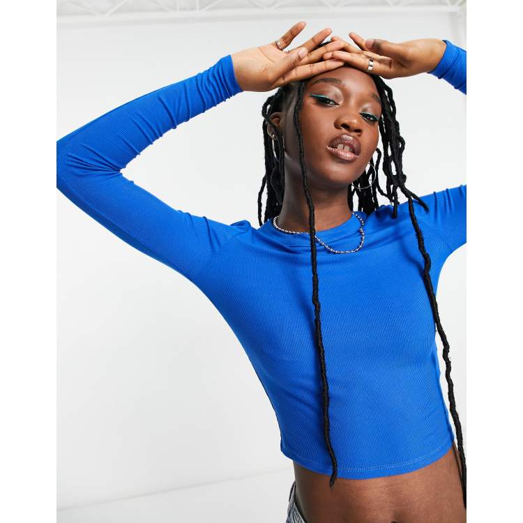 Basic Cobalt Blue Crew Neckline Long Sleeves Cotton T-Shirt