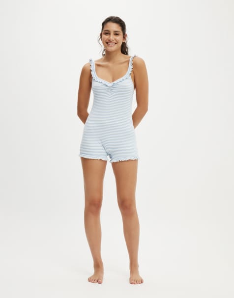 Cotton:On Rib ruffle boyleg romper in blue - view 1