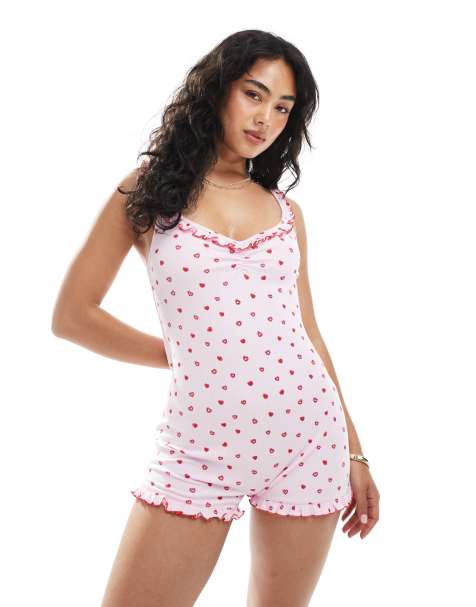 Cotton:On Rib ruffle boyleg romper in heart scarlet - view 1