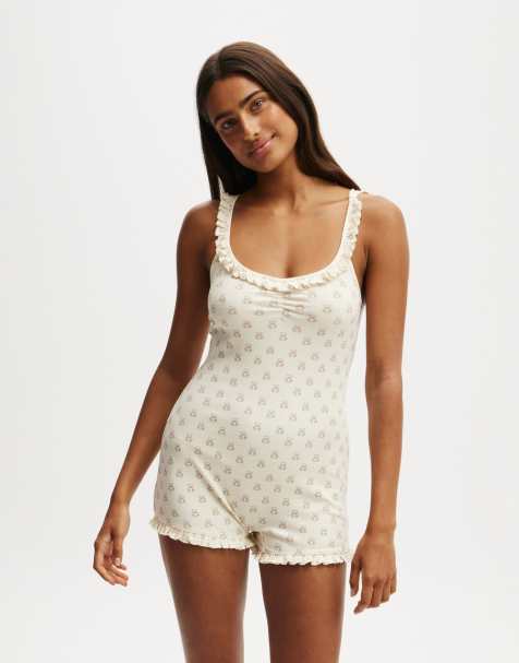 Cotton:On Rib ruffle boyleg romper in teddy antique white - view 1