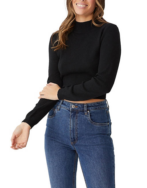 Women Cotton:On ribbed knit jumper in black 