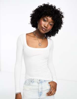 Cotton:on Ribbed Scoop Neck Long Sleeve Top In White