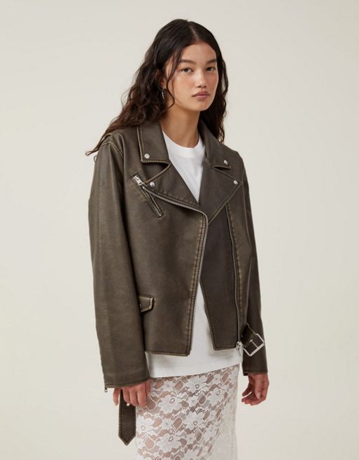 Cotton:On Roman faux leather biker jacket flame-print in mottled brown