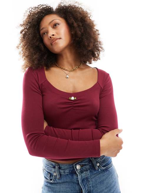 Cotton:On Sarah rosette square neck long sleeve in burgundy