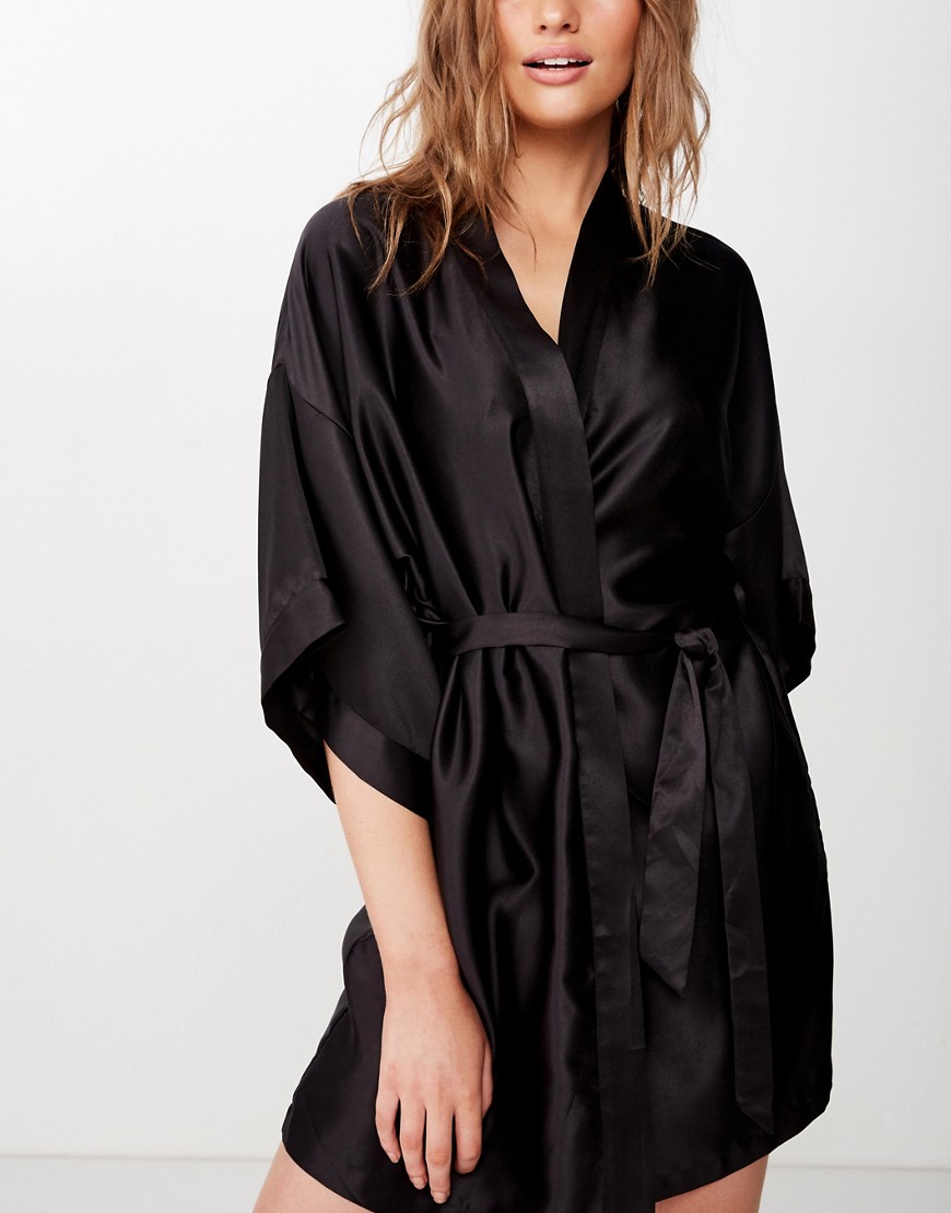 Cotton: On satin kimono robe in black