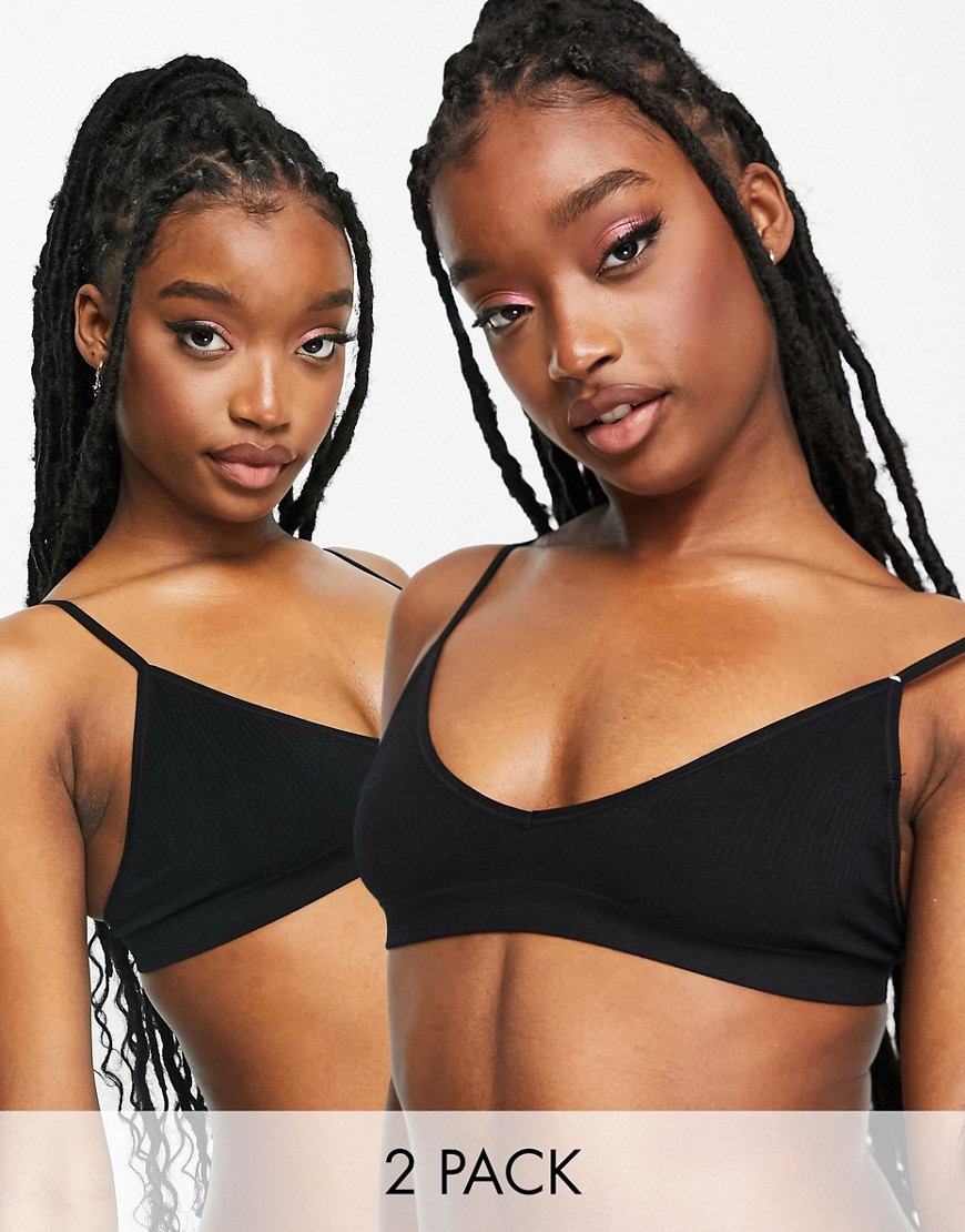 Cotton: On seamless triangle bralette 2-pack in black