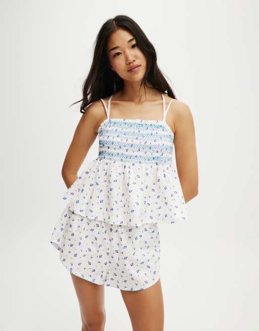 Cotton:On Shirred woven sleep set in tilly floral coconut milk