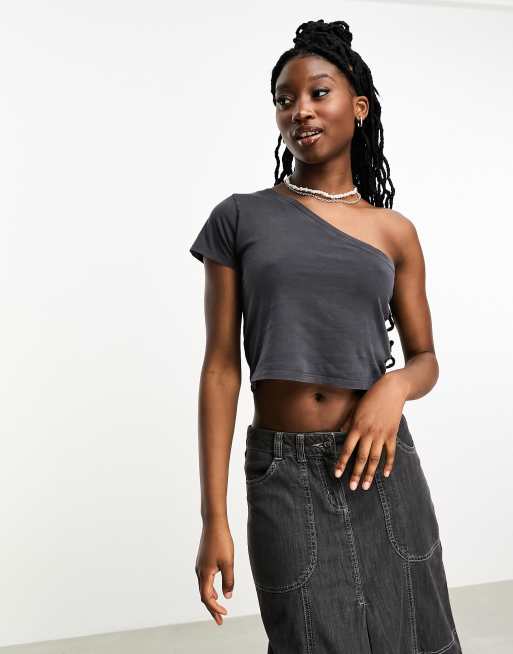 Cotton On sleep one shoulder cropped T shirt in black ASOS