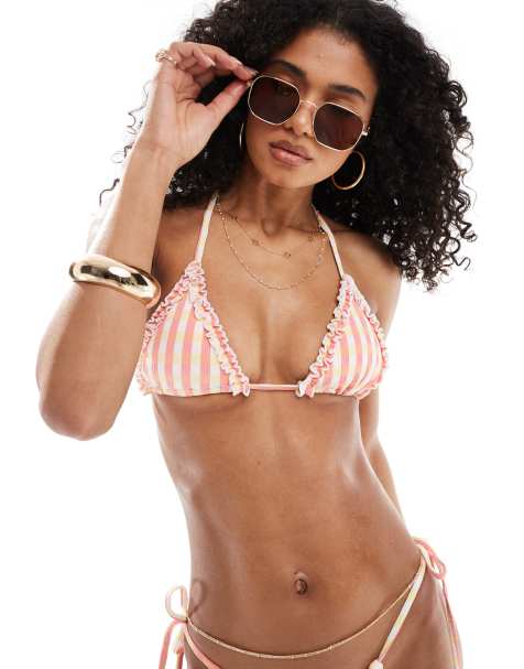 Cotton:On Slider triangle bikini top in shell pink gingham ruffle - view 1