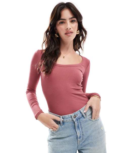 Cotton:On Staple rib scoop neck long sleeve top in purple - view 1