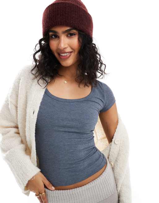 Cotton:On Staple rib scoop neck short sleeve top in blue