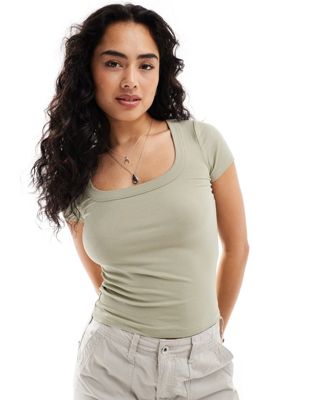 Cotton:On Staple rib scoop neck short sleeve top in green