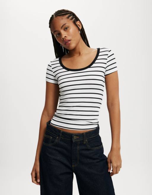 Cotton:On Staple rib scoop neck short sleeve top in remi stripe white/black