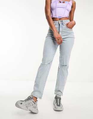 Cotton:On straight stretch mom jean in light wash with rips - ASOS Price Checker