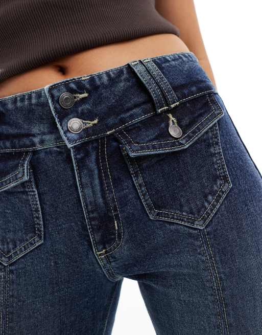 Women's Low Rise Bootcut Jeans, Blue Stretch Denim With Belt, Sizes 6-14