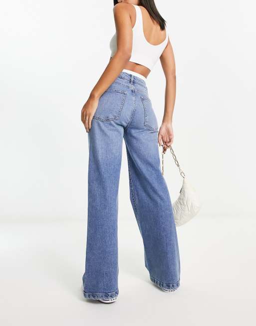 Lady Jeans Design MID-Blue Fabric Stitching High-Waist Wide Leg