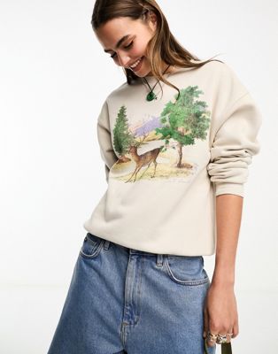 Cotton:On sweatshirt in stone with vintage woodland graphic - ASOS Price Checker