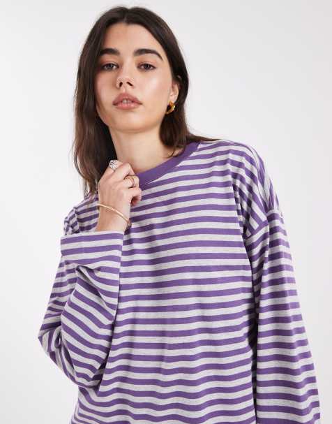Cotton On - T-shirt oversize coupe carrée à manches longues et rayures - Prune - view 1