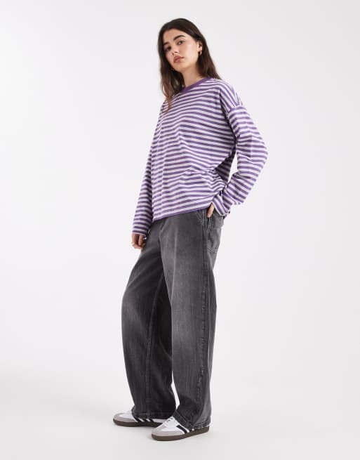 Cotton On - T-shirt oversize coupe carrée à manches longues et rayures - Prune, 3 de 4