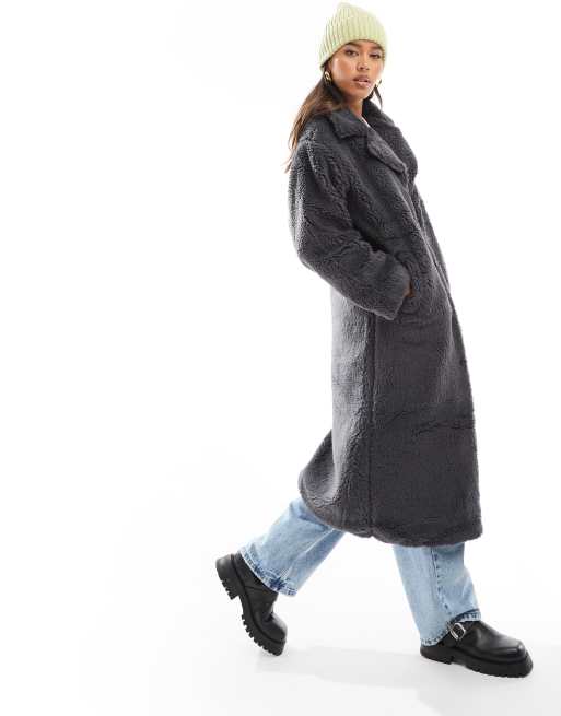 Long grey teddy coat best sale