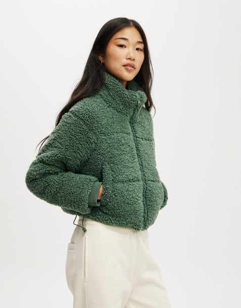 Cotton:On The mother puffer cropped sherpa jacket in green - view 1