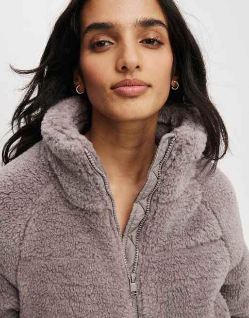 Cotton:On The mother puffer cropped sherpa jacket in grey ASOS