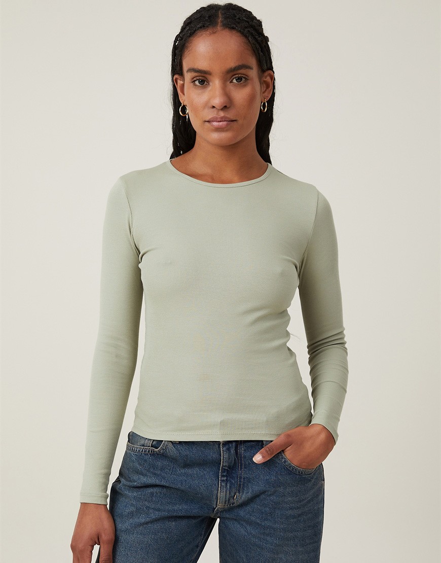 Cotton:On The one rib crew long sleeve top in desert sage-Green