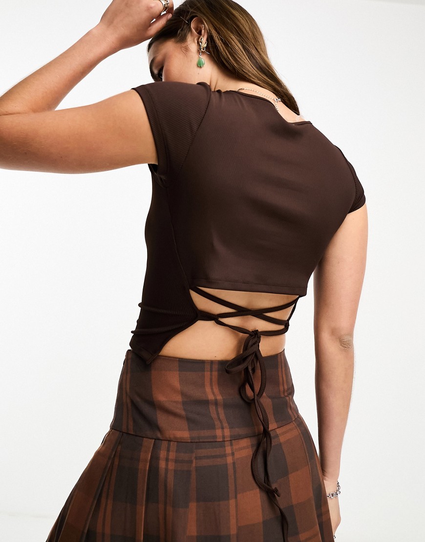 Cotton:on Tie Detail Backless Crop Top In Dark Brown
