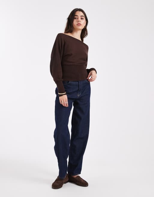 Cotton On - Top en maille de coton à manches chauve-souris longues - Moka marron riche , 3 de 4