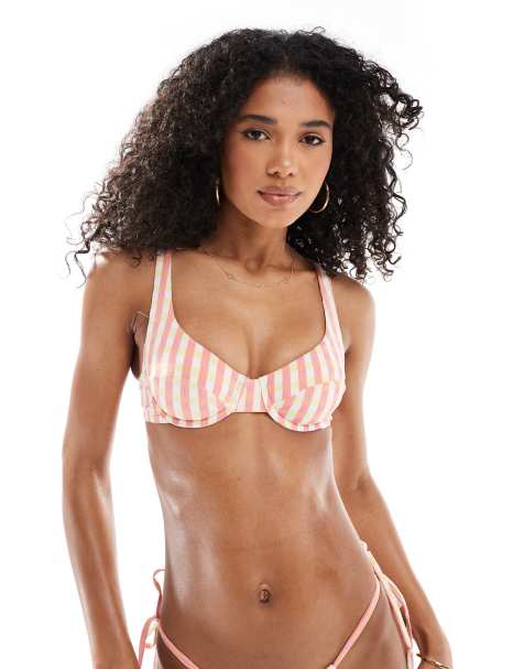 Cotton:On Underwire balconette bikini top in shell pink gingham - view 1