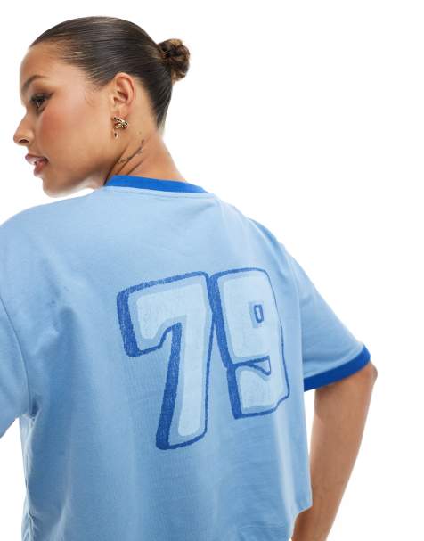 Cotton:On V neck boxy crop graphic tee in blue - view 1