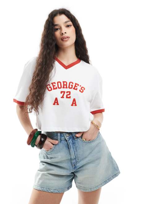 Cotton:On V neck boxy crop graphic tee in white