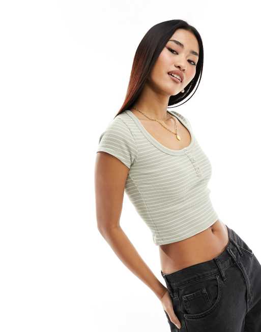 Cotton:On Waffle Short Sleeve Henley in green and white stripe