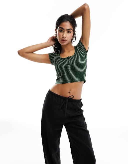 Cotton:On Waffle Short Sleeve Henley top in sage green stripe