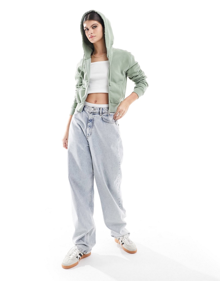 Cotton:On Washed Cropped Zip Through fleece in washed sage-Green