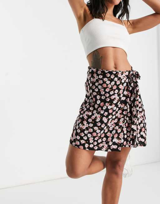 Black Floral Wrap Skirt