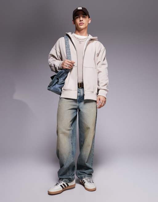 Courtside - 450 gr hoodie met rits en contrasterend logo op de mouw in crème, 2 van 4