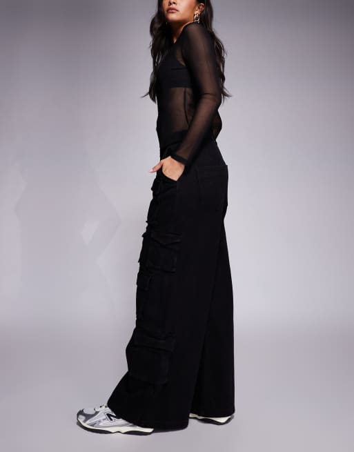 Courtside baggy denim jeans in black with cargo pockets, 3 of 5