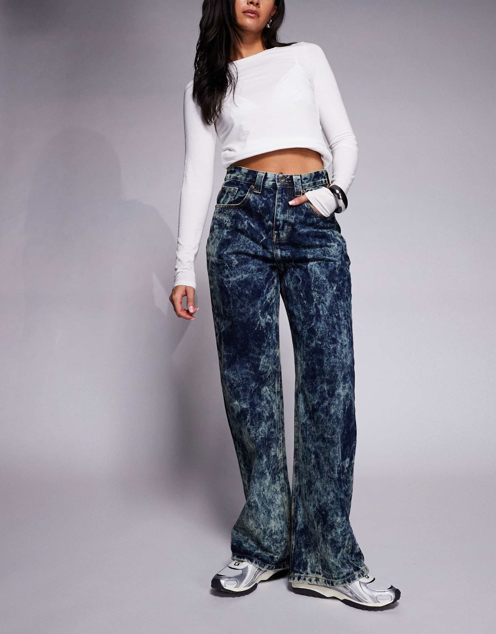 courtside baggy denim jeans in dark acid-wash blue