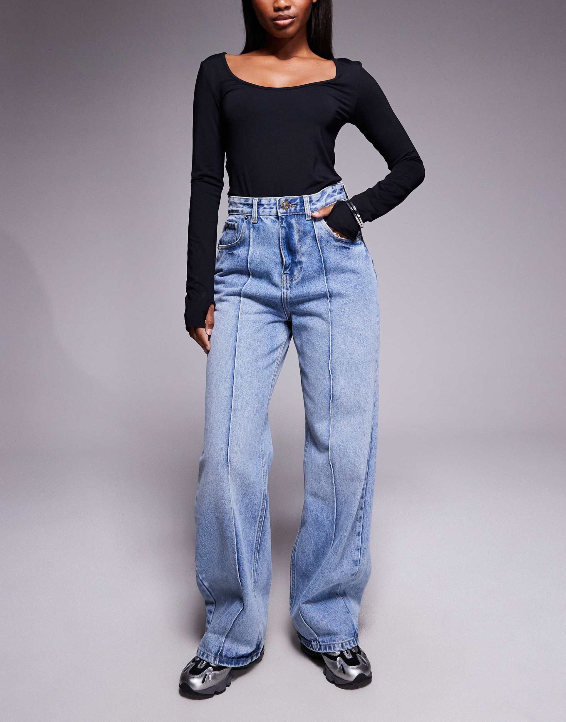 courtside baggy denim jeans in midwash blue with front seam detail