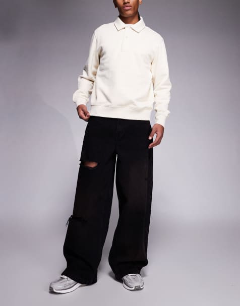 Courtside baggy denim jeans in washed black with distressing