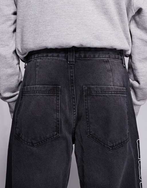 Courtside - Baggy denim jeans met geborduurd logo in zwart met wassing, 4 van 5