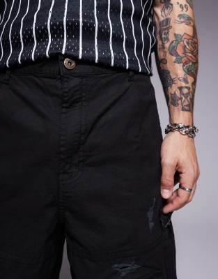 Courtside baggy distressed cargo shorts in black camo