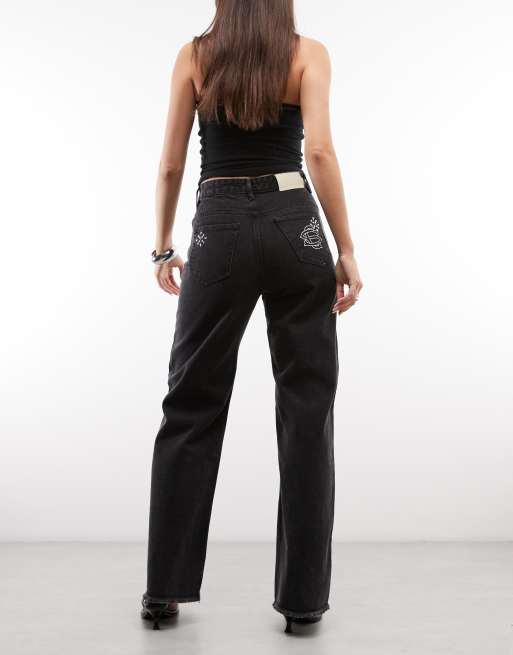 Courtside baggy wide leg embellished jeans with raw hem in black wash, 2 of 5