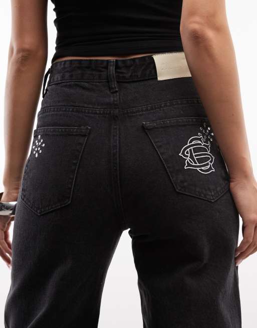 Courtside baggy wide leg embellished jeans with raw hem in black wash, 4 of 5